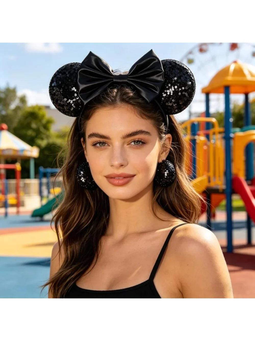 Women Black Polyester Sparkle Sequins Mickey Mouse Hair Bow Handmade Headband